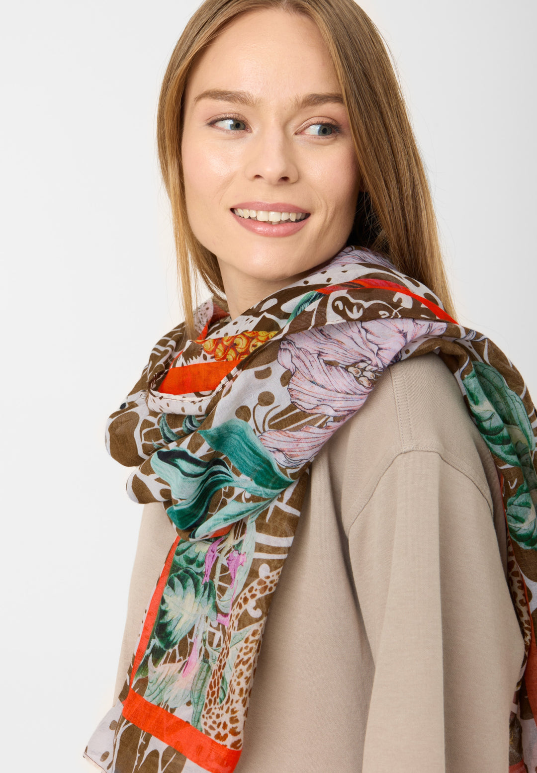 PRINTED SCARF  COTTON JUNGLE CONTRAST LINE braun-90X180CM, braun BRO2 Bild 3