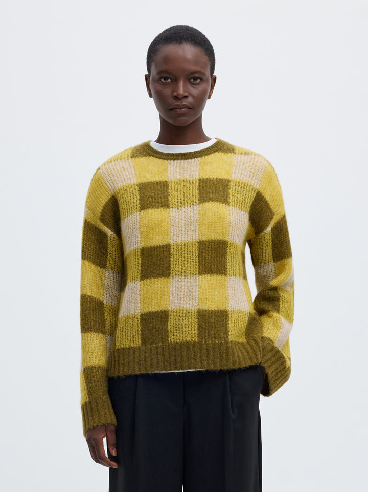 SLWLULU LOOSE LS CHECK KNIT O-NECK, Avocado Oil/Fir Green and Birch 306985002 Bild 2