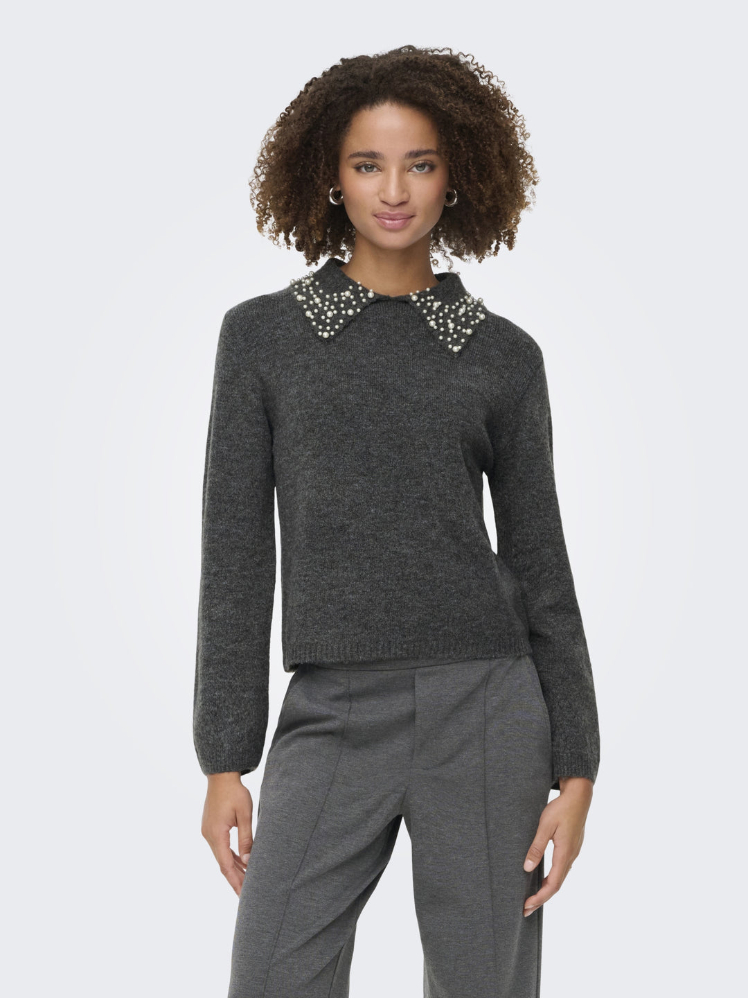 JDYAUBRAY LIFE L/S PEARL COLLAR PUL, Dark Grey Melange/WHITE PEARLS 179074001 Bild 1