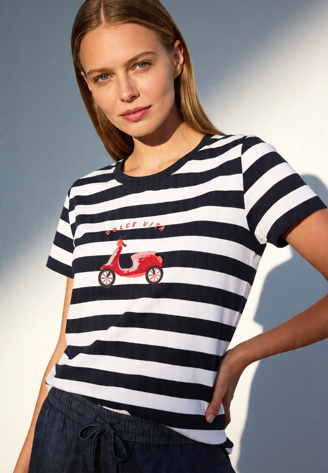 T-Shirt with Placement Print, marine offwhite regular stripe jers 2375 Bild 3
