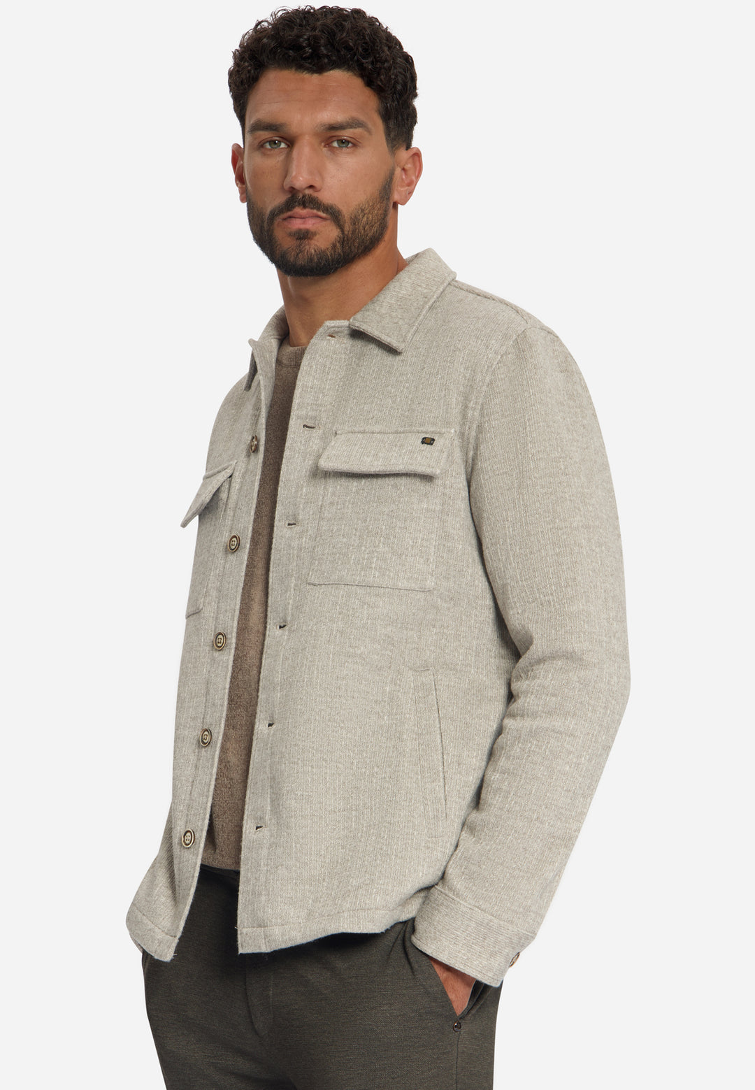Overshirt Full Button Solid Jacquard Stripe Bottom and Chest Pockets, Cement 122 Bild 4