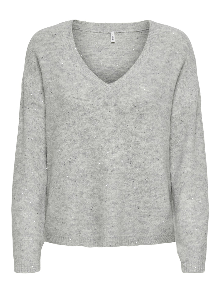 ONLARIZONA LS SEQUINS V-NECK PUL KN, Light Grey Melange/Silver Sequins 179073001 Bild 1