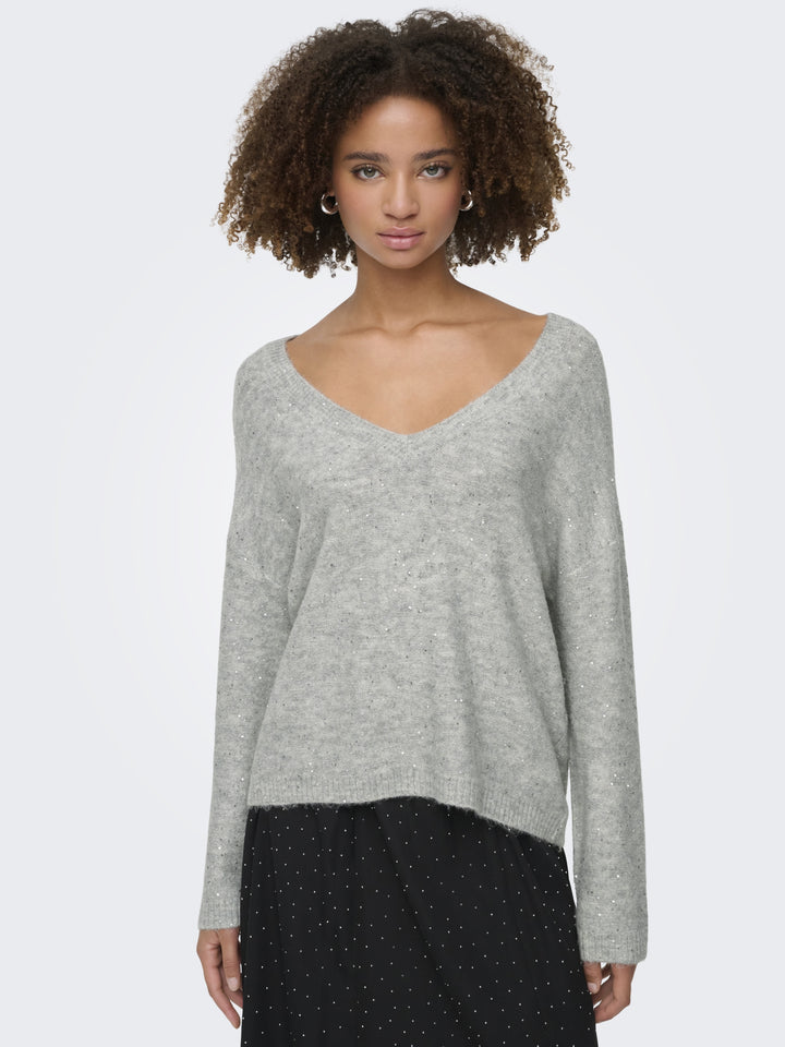 ONLARIZONA LS SEQUINS V-NECK PUL KN, Light Grey Melange/Silver Sequins 179073001 Bild 4