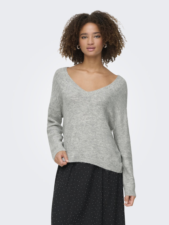 ONLARIZONA LS SEQUINS V-NECK PUL KN, Light Grey Melange/Silver Sequins 179073001 Bild 5