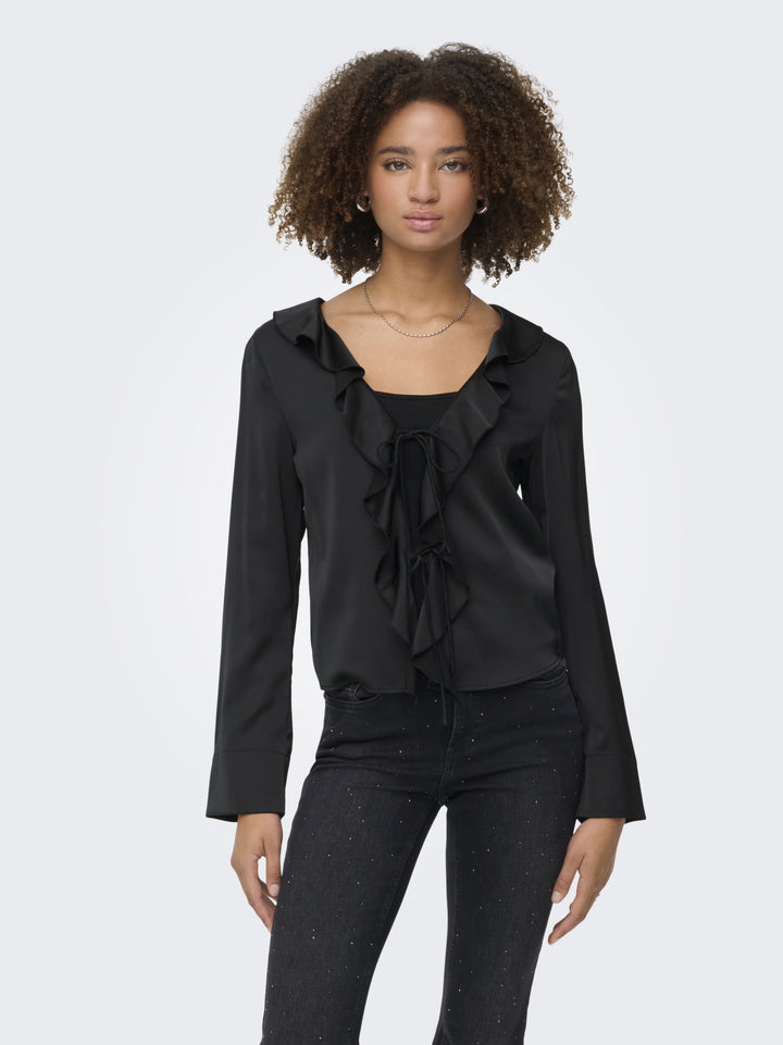 ONLMIKA VIS SATIN L/S FRILL TOP WVN, Black 177911 Bild 4
