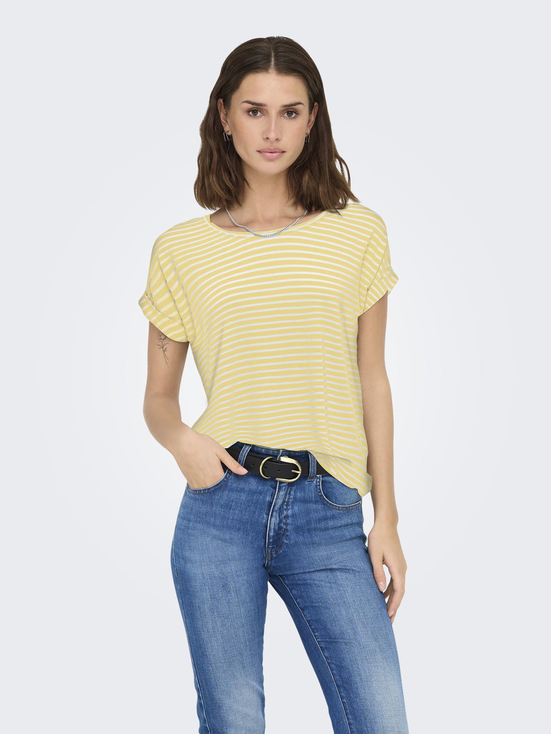 ONLMOSTER STRIPE S/S O-NECK TOP JRS, Pale Banana/CLOUD DANCER 210331001 Bild 4