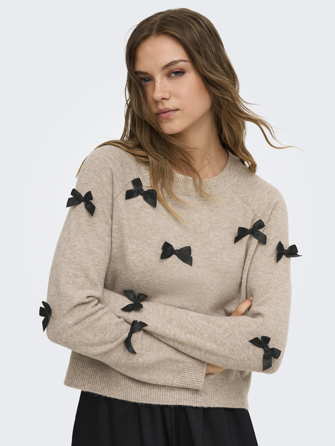 ONLNOELLE LS BOW PULLOVER KNT, Beige/W. Black Bows 180069002 Bild 7