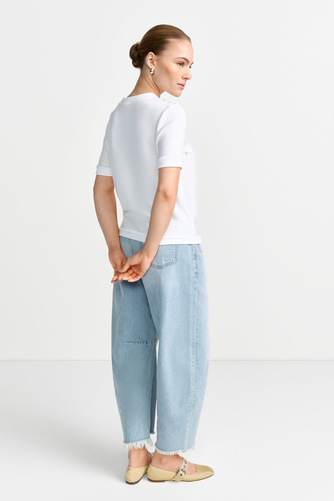 Knit Mat Mix T-Shirt with Flower Ap, pearl white 113 Bild 4