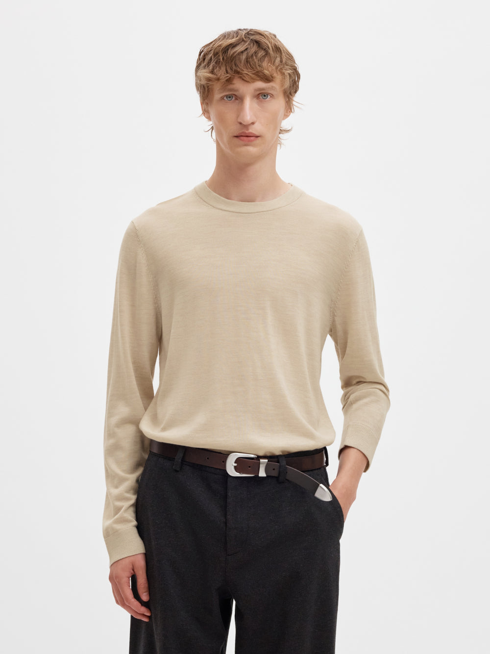 SLMTRAY LS KNIT REG MERINO CREW NOO, Oatmeal/Melange 184679001 Bild 2