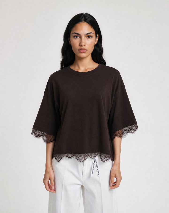 BOXY T-SHIRT LACE HEM, DARK CHOC 913 Bild 1