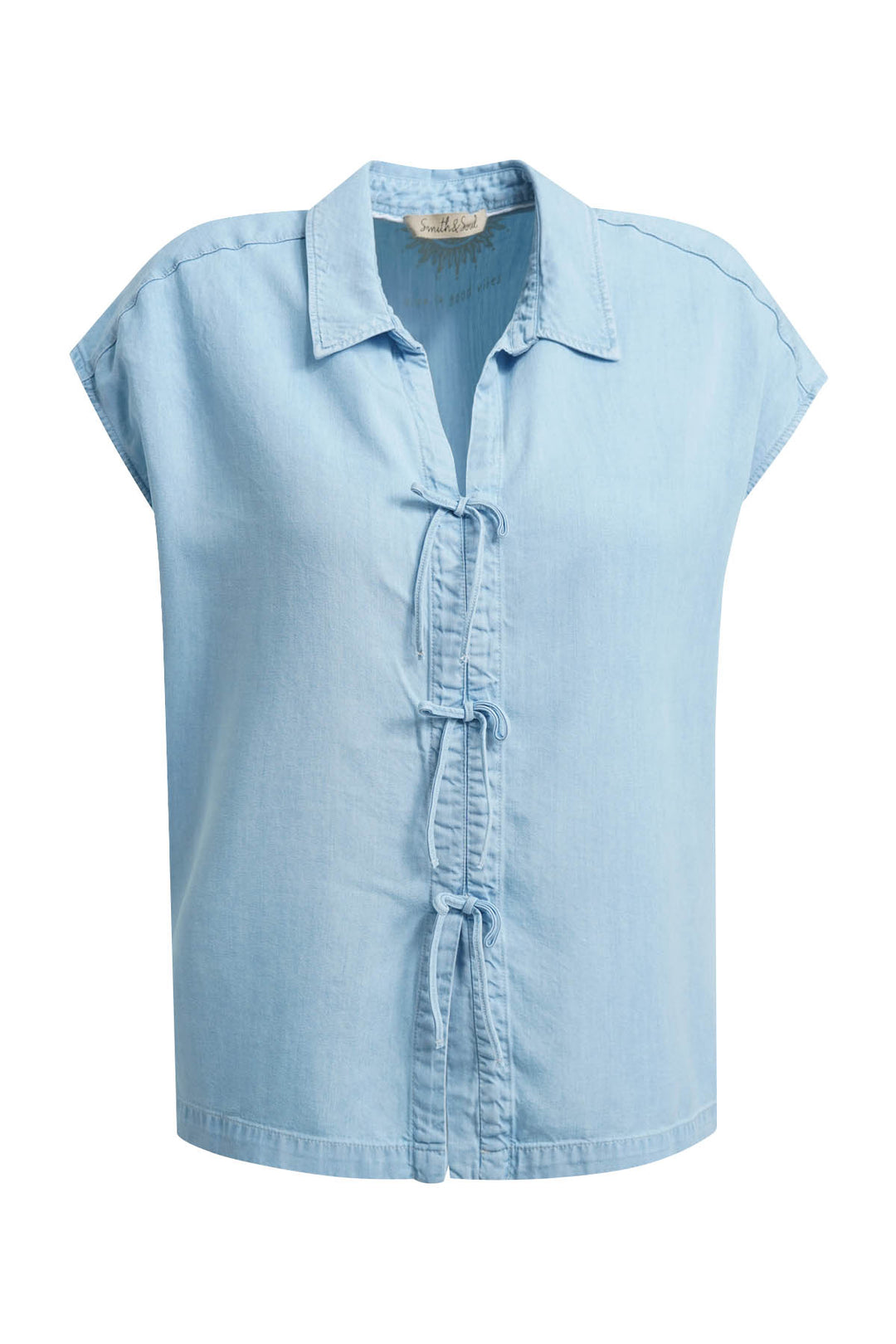 LYOCELL DENIM BLOUSE WITH BOWS, LIGHT DENIM 697 Bild 1