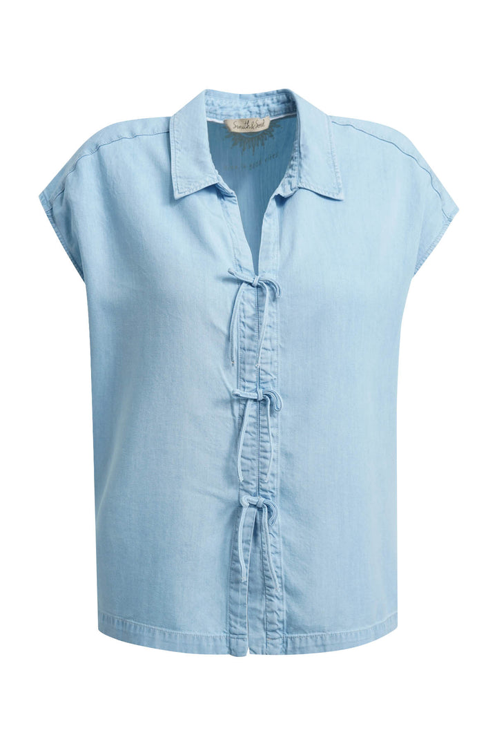 LYOCELL DENIM BLOUSE WITH BOWS, LIGHT DENIM 697 Bild 1