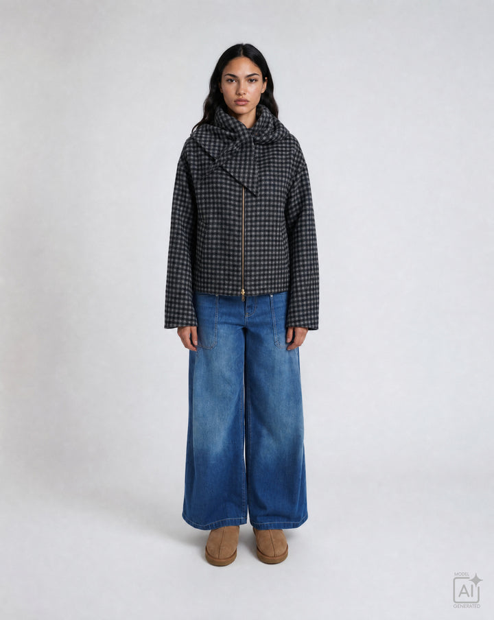 SHORT WOOL JACKET WITH SCARF, MARINE PRINT 1606 Bild 1