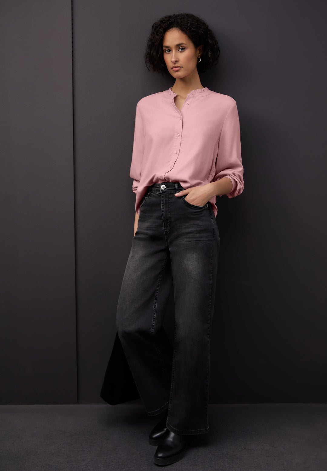 Buttoned melange blouse w fril, powder pink mel. 16877 Bild 5