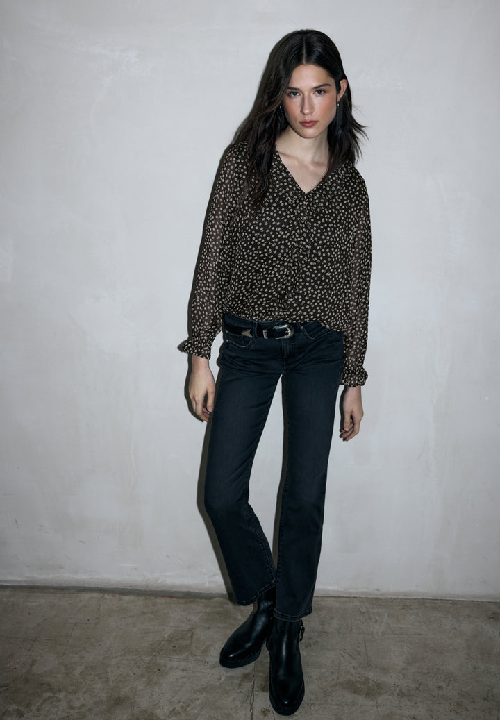 Chiffon v-neck blouse w volant, Black 20001 Bild 3