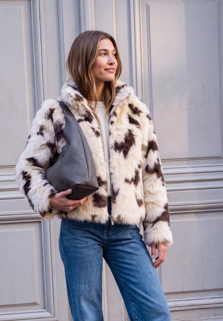 Studio Fake Fur Jkt w. Cow AOP, light sunstone beige 26350 Bild 5