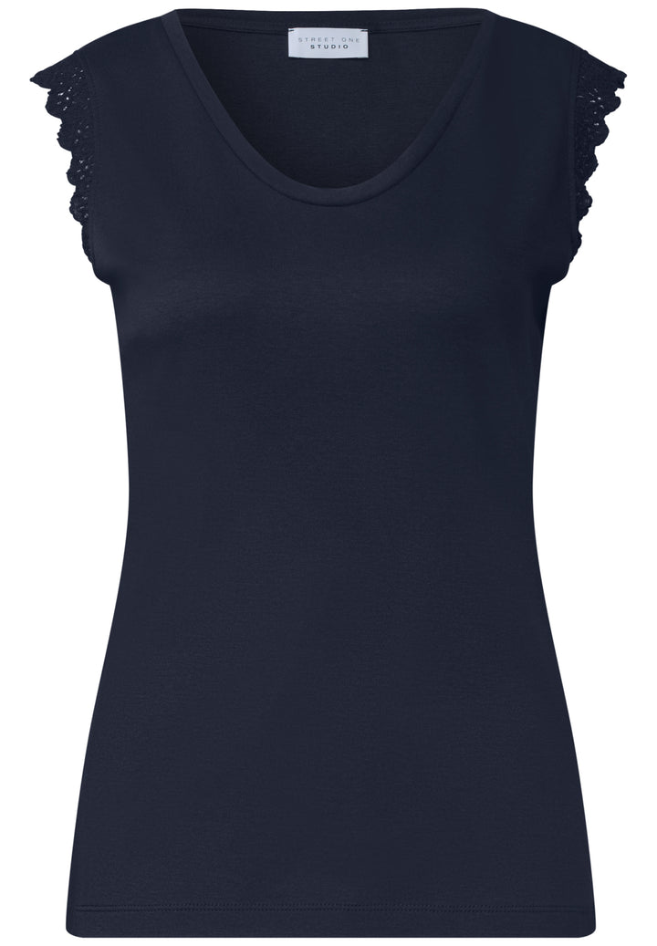 Studio_V-neck top w.lace frill, maritime blue 17823 Bild 1