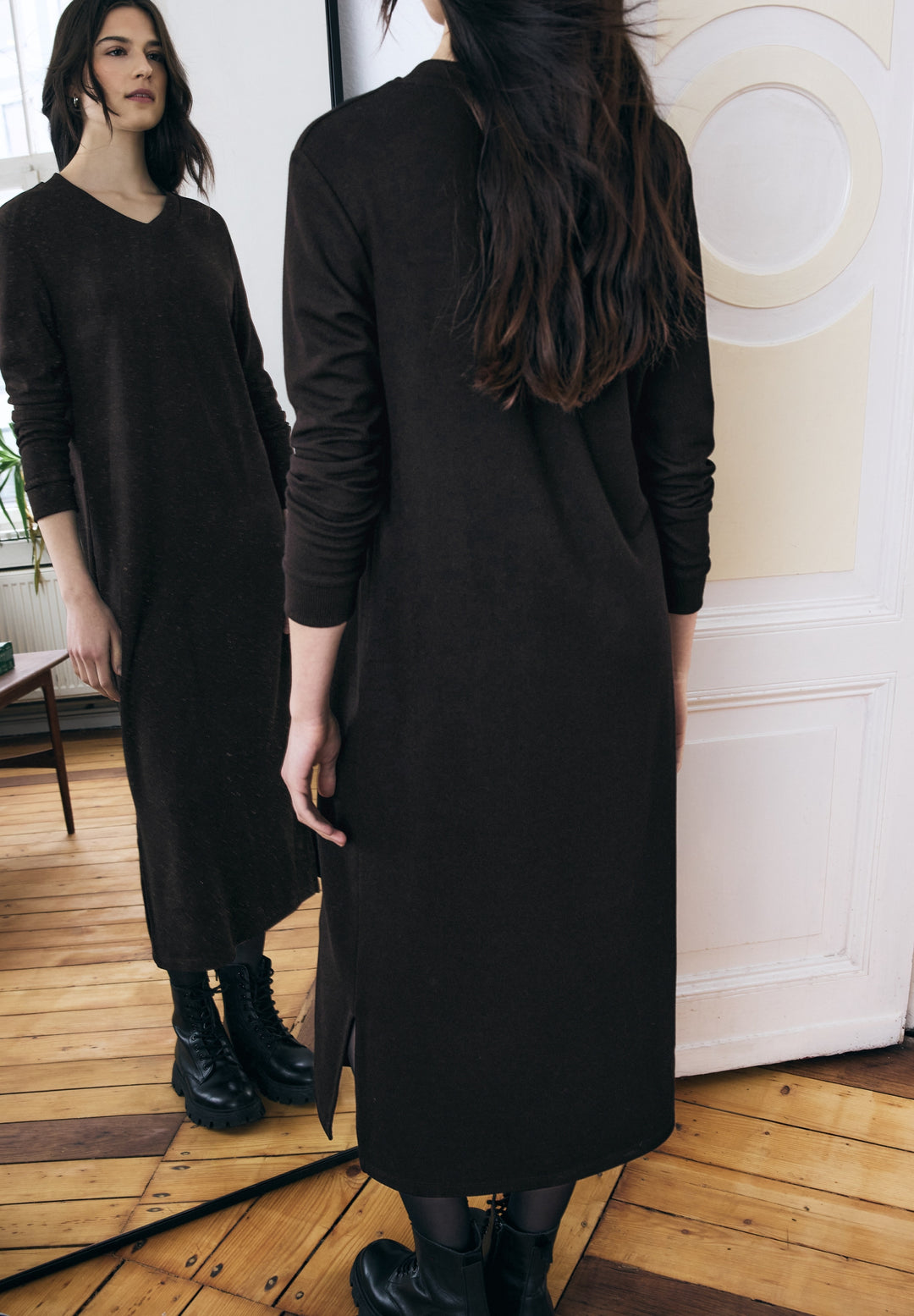 V Neck Dress_solid, Black 10001 Bild 4