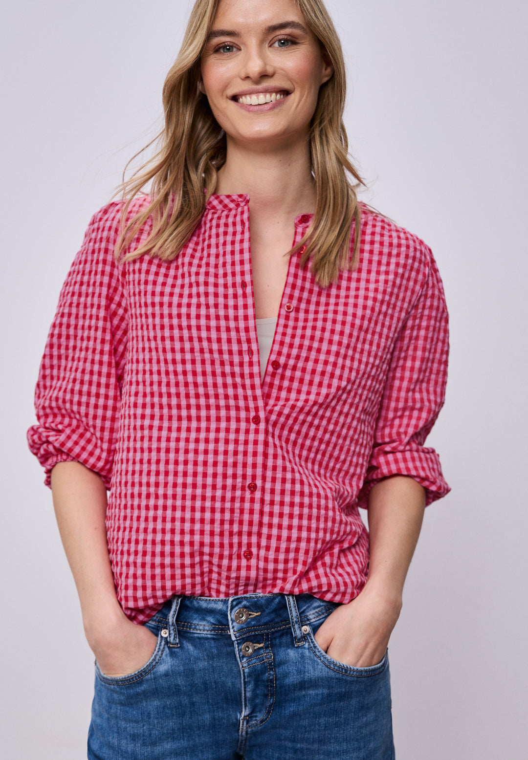 Vichy buttoned roundneck blous, salsa red 27504 Bild 3