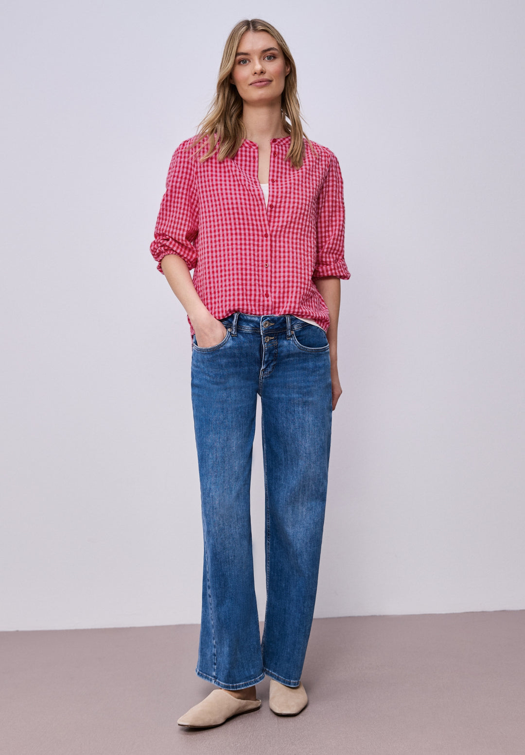 Vichy buttoned roundneck blous, salsa red 27504 Bild 5