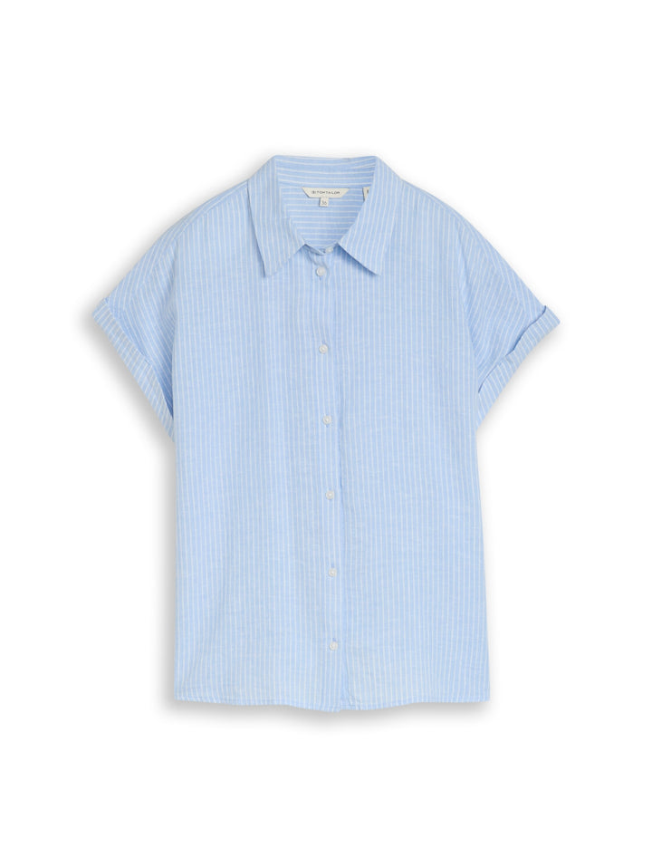 blouse shortsleeves with linen, fjord blue irregular stripe 39908 Bild 1