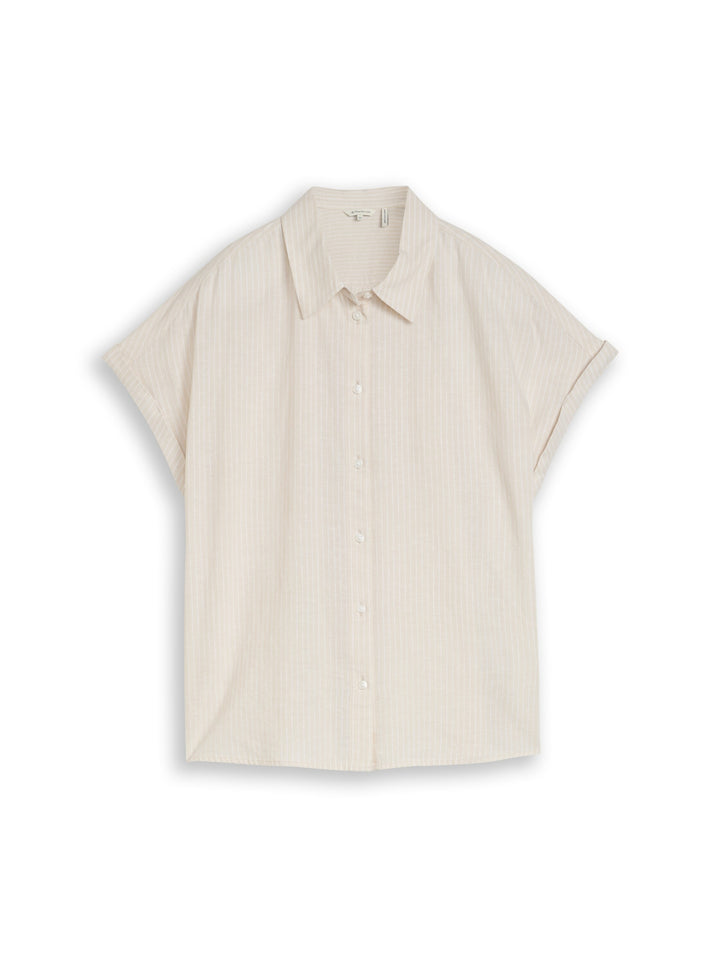 blouse shortsleeves with linen, taupe white irregular stripe 40073 Bild 1
