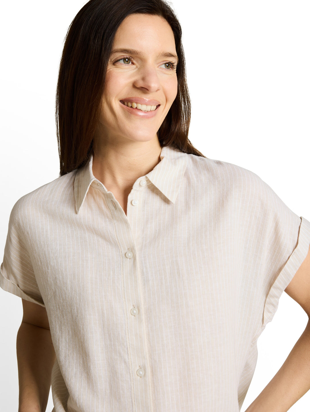 blouse shortsleeves with linen, taupe white irregular stripe 40073 Bild 6