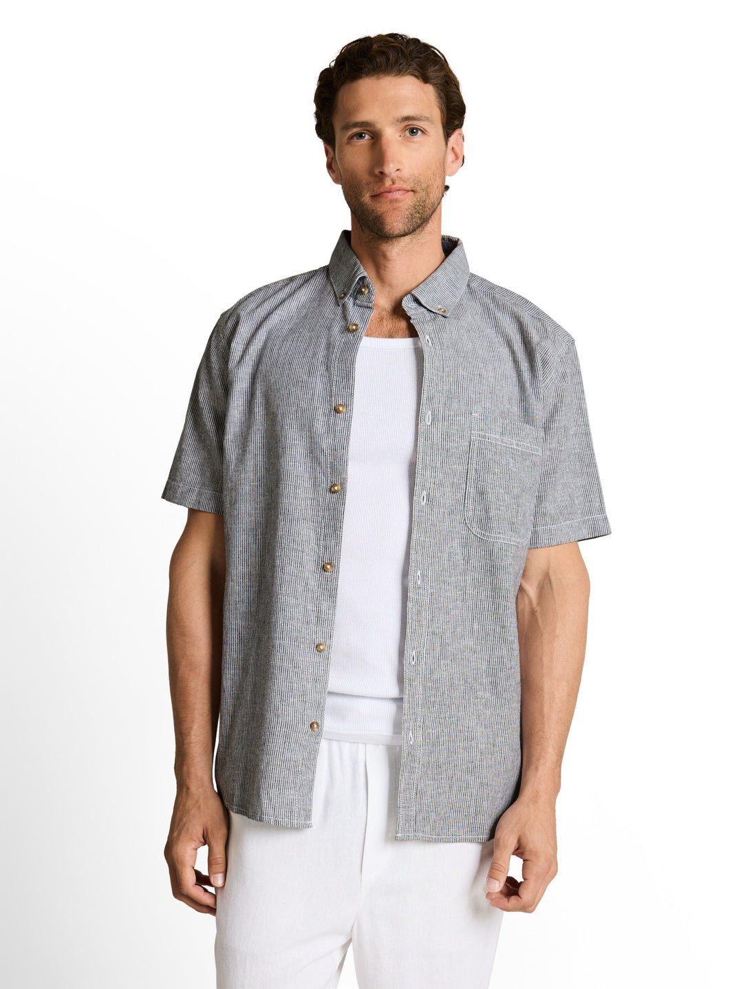 cotton linen shirt, navy white small stripe 39636 Bild 6