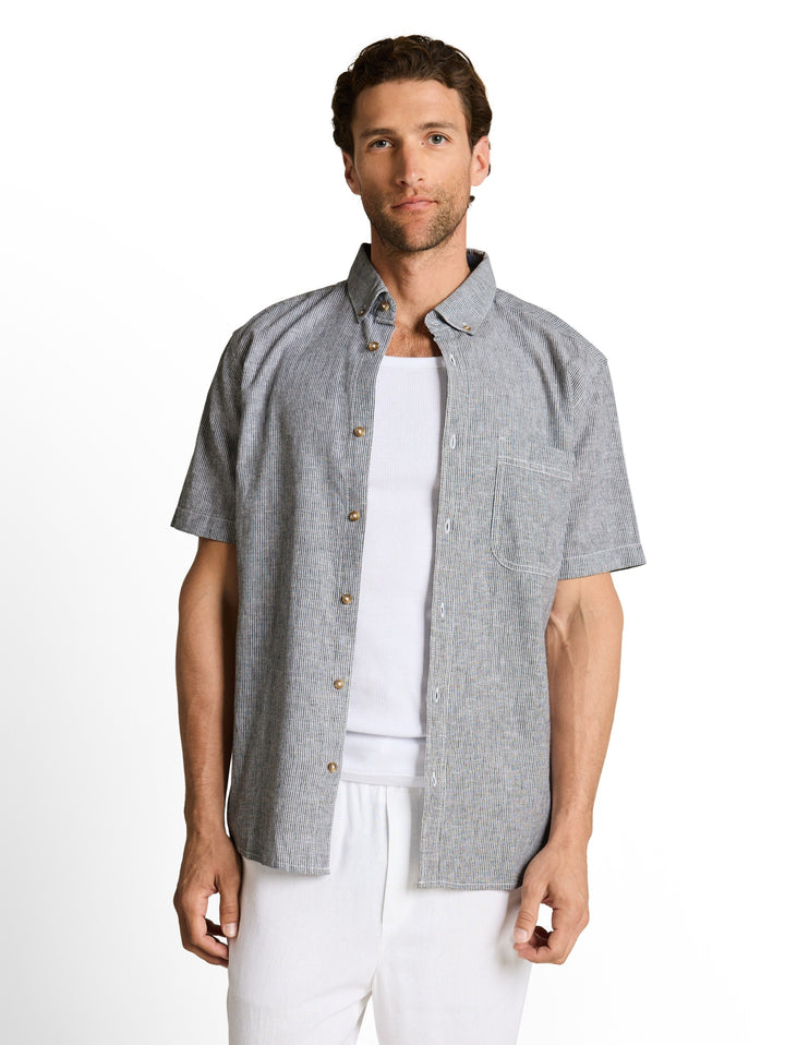 cotton linen shirt, navy white small stripe 39636 Bild 6