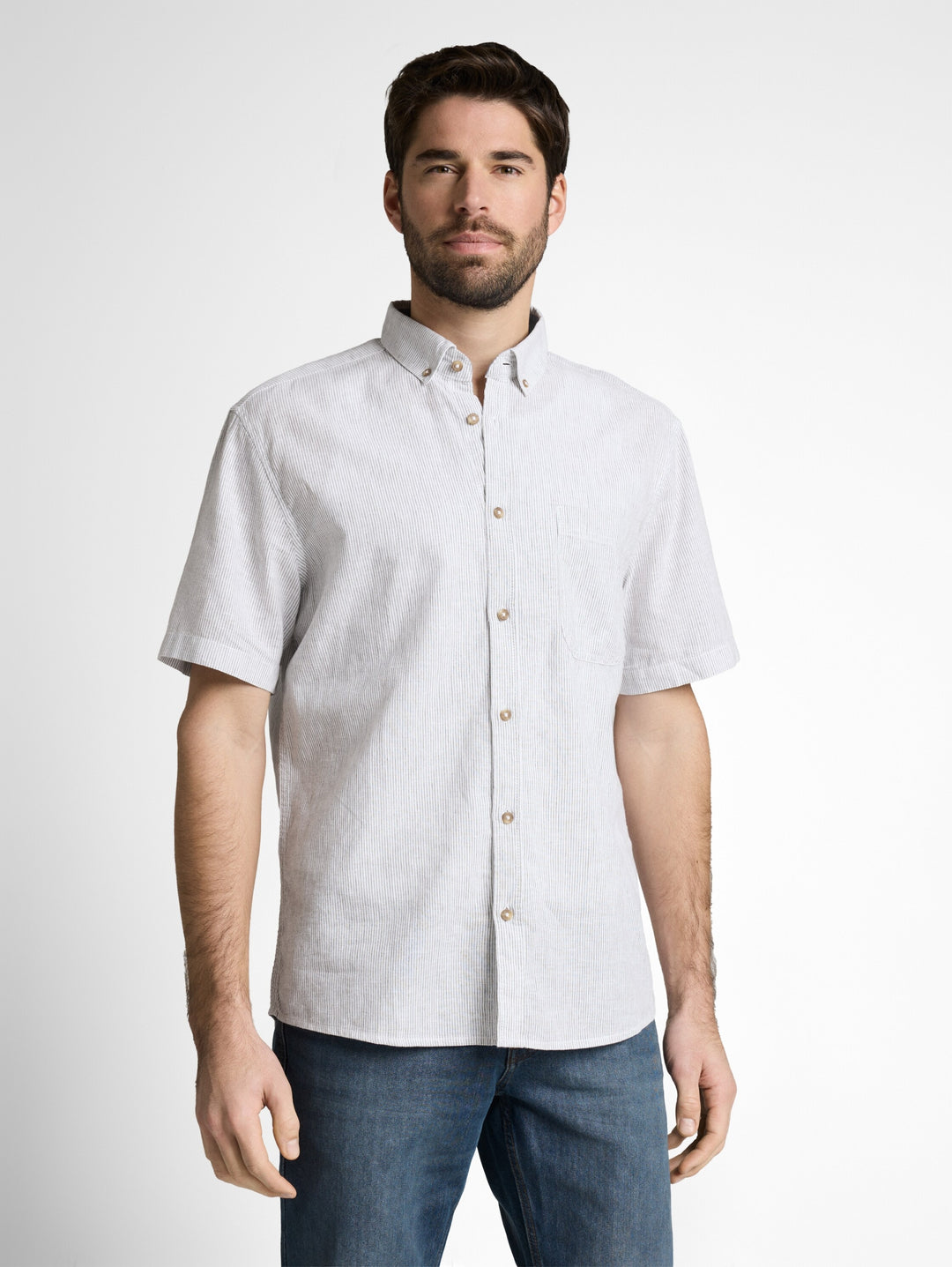cotton linen shirt, white leaf green small stripe 39637 Bild 6