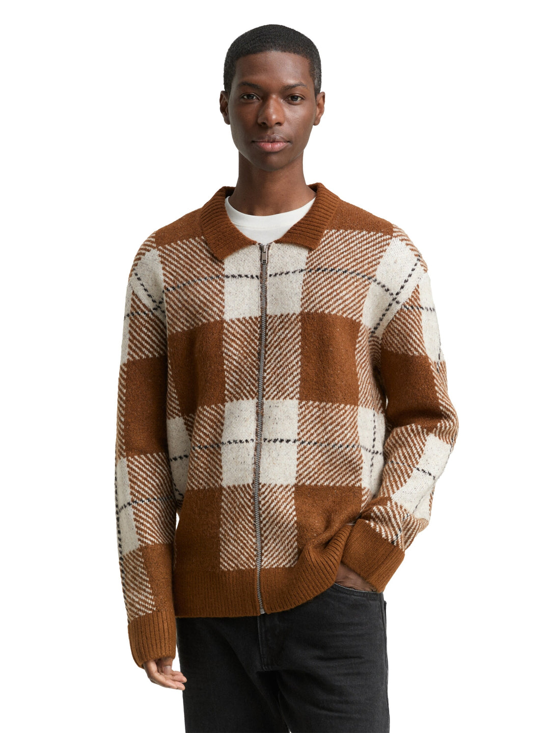 cosy check knitted jacket, brown offwhite big check 39123 Bild 5
