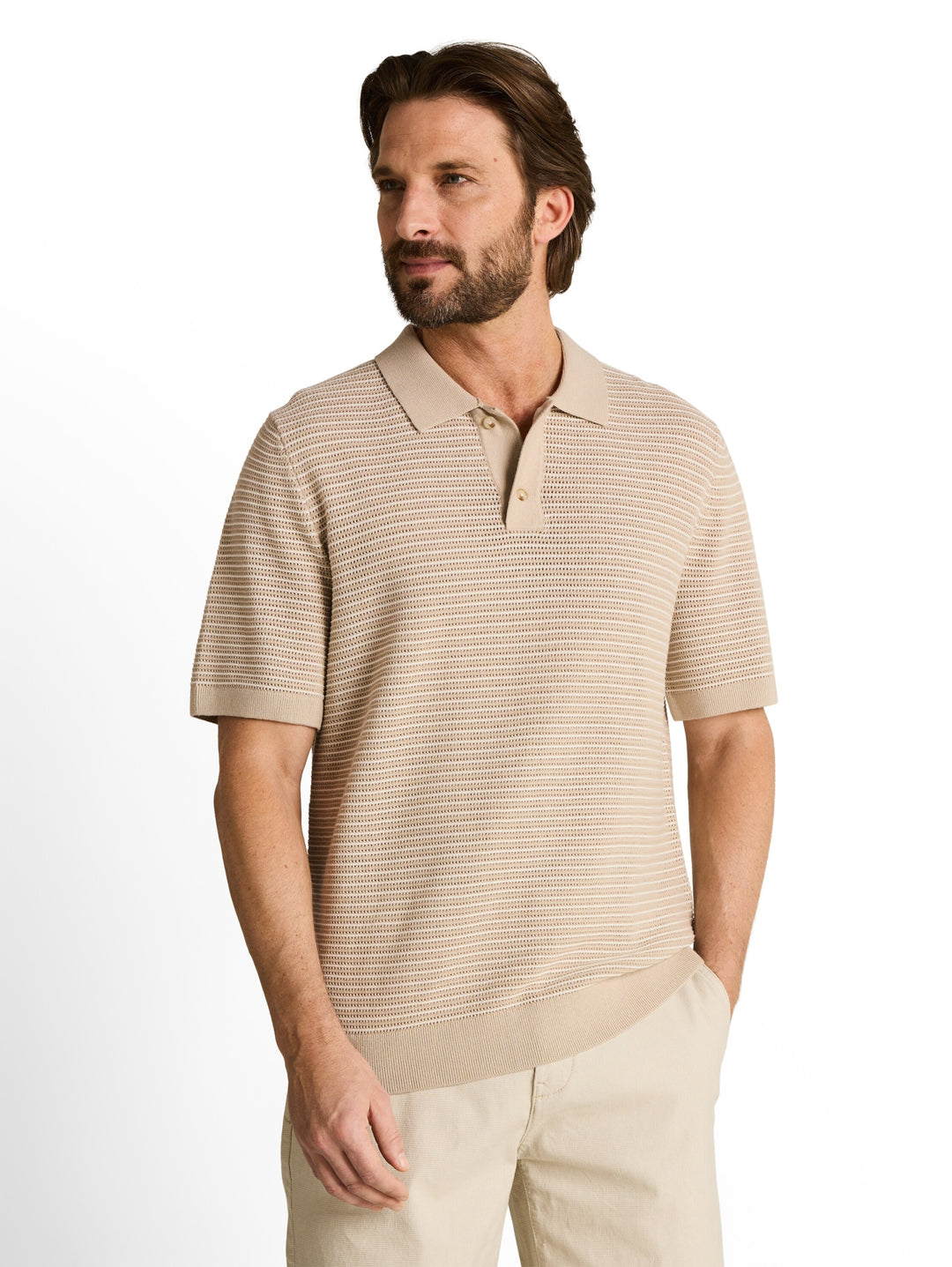 structured stripe knit polo, cashew beige offwhite stripe 39726 Bild 5