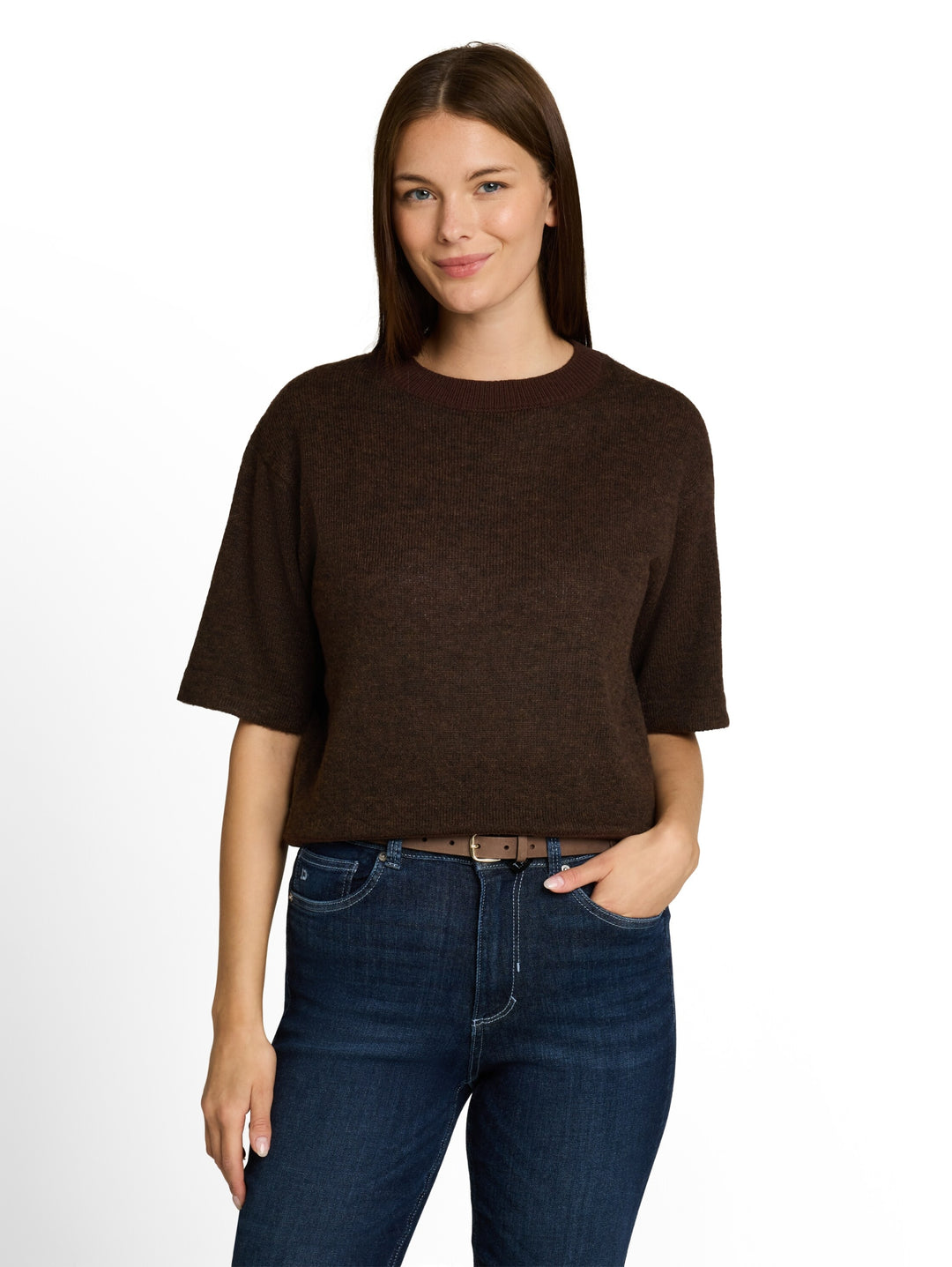 knit cosy shortsleeve sweater, java dark brown melange 28343 Bild 6