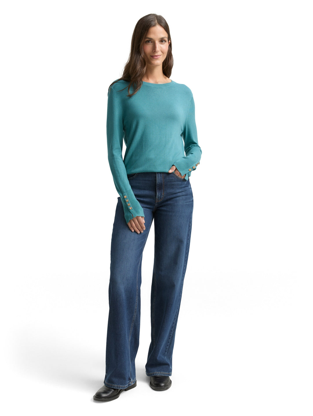 knit crew-neck with button det, tropical teal 31666 Bild 3