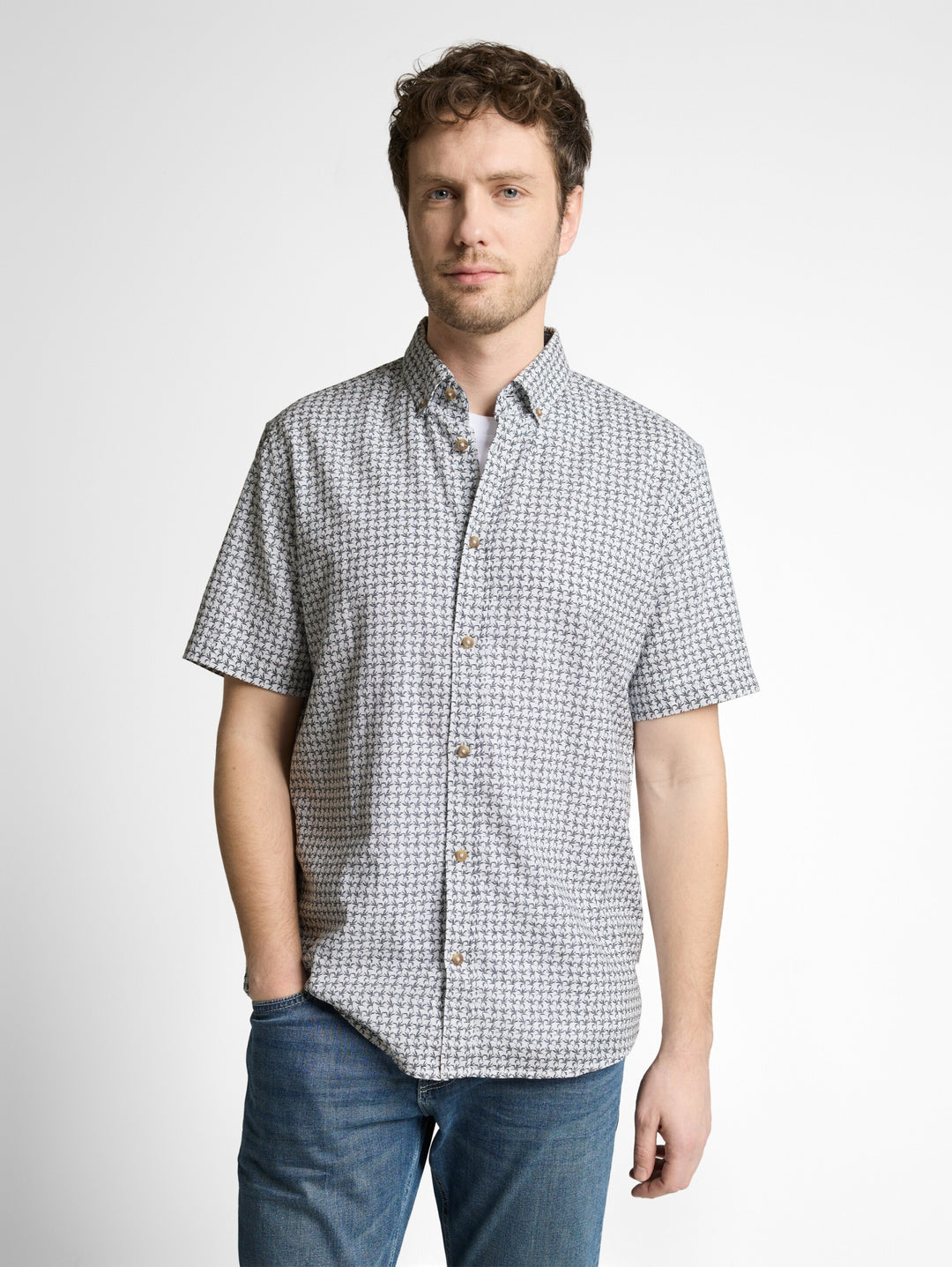 printed cotton linen shirt, white navy small leaf design 39645 Bild 5