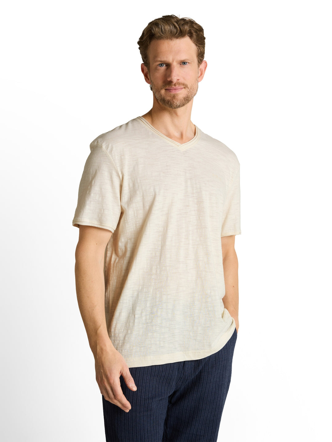 printed slub v-neck t-shirt, Gardenia White 10348 Bild 6