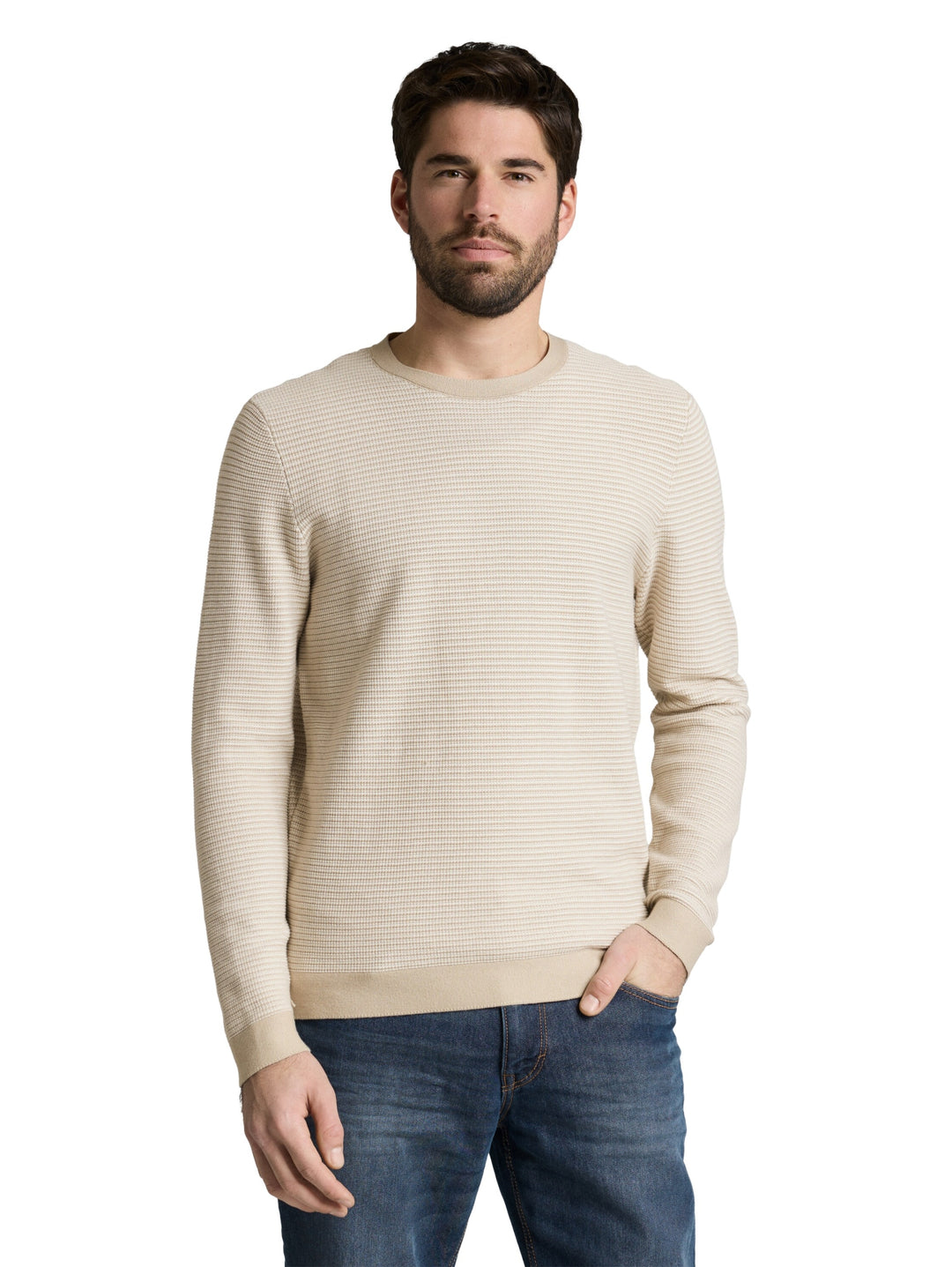 striped crew neck pullover, structured stripe beige white 39561 Bild 6