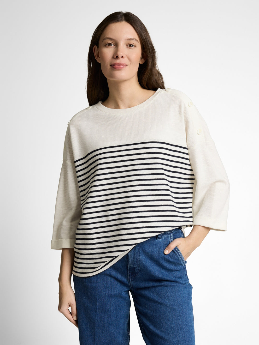T-shirt shoulder buttons strip, offwhite navy blue stripe 39840 Bild 5