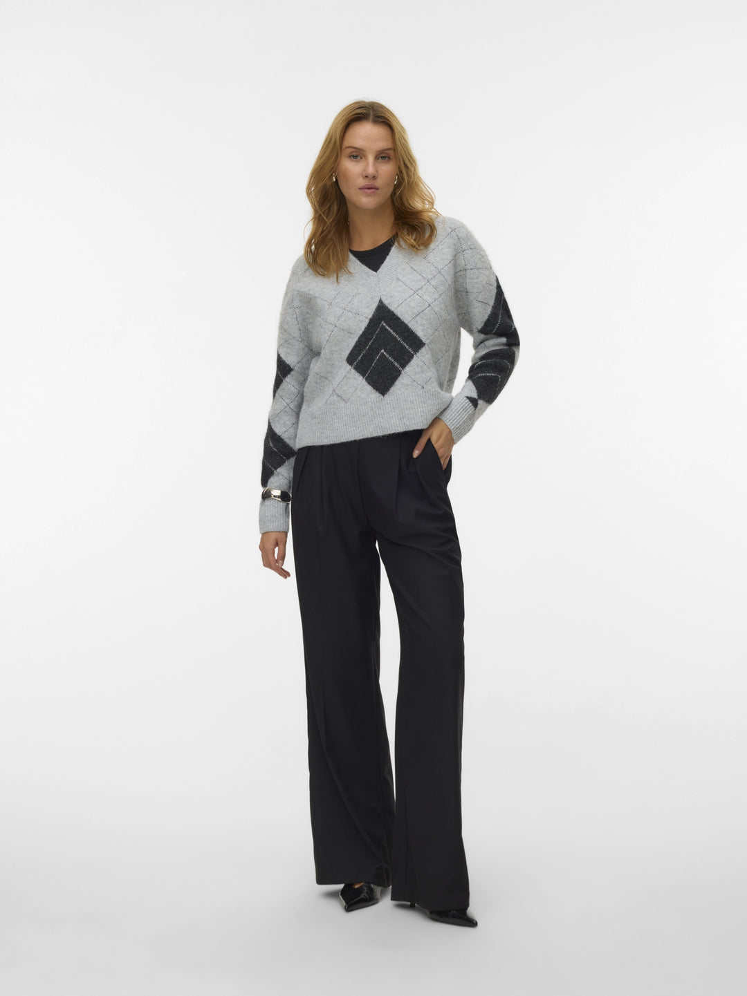 VMDAE LS V-NECK PULLOVER, Light Grey Melange/W. DGM + SILVER 178994002 Bild 6