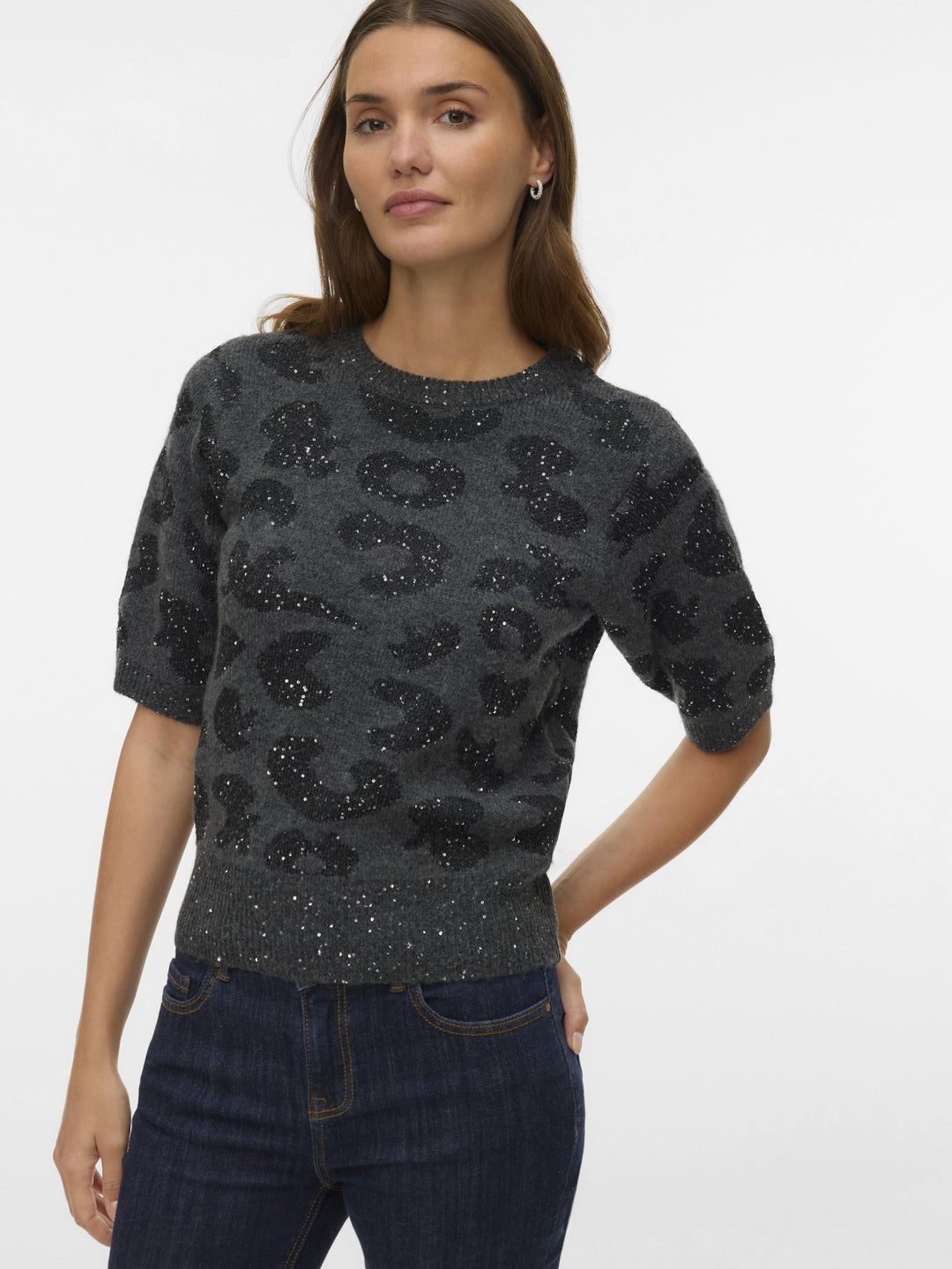 VMZUZU 2/4 O-NECK PULLOVER, Dark Grey Melange/W. BLACK + SEQUIN 178996001 Bild 4