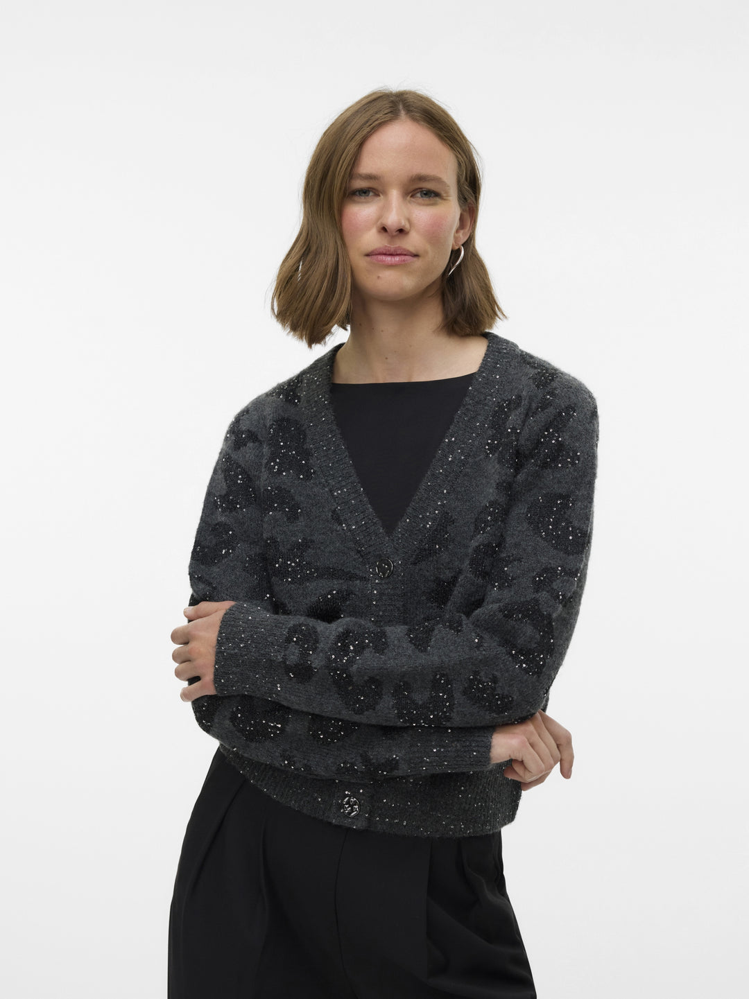VMZUZU LS V-NECK CARDIGAN, Dark Grey Melange/W. BLACK + SEQUIN 178996001 Bild 4
